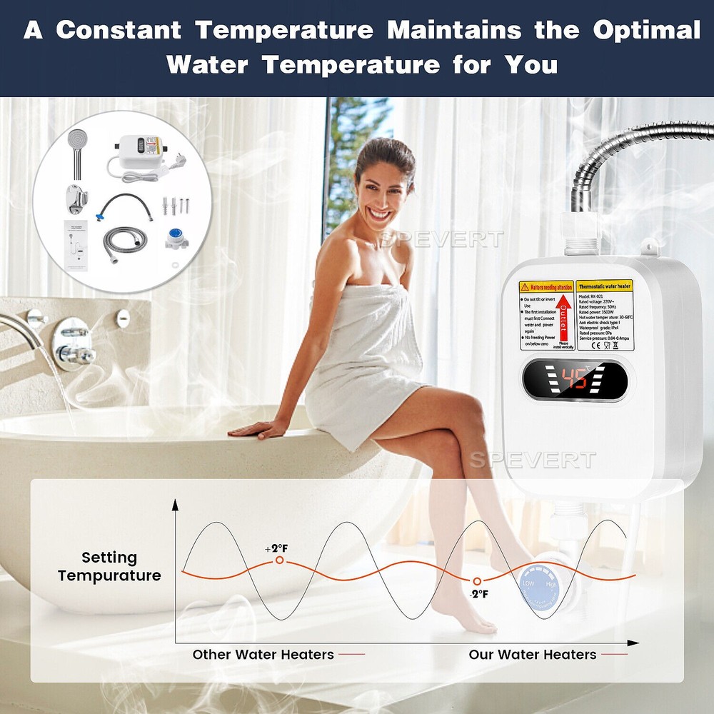 3500W Tankless Electric Instant Water Heater Tap Hot Shower for Bath Kitchen