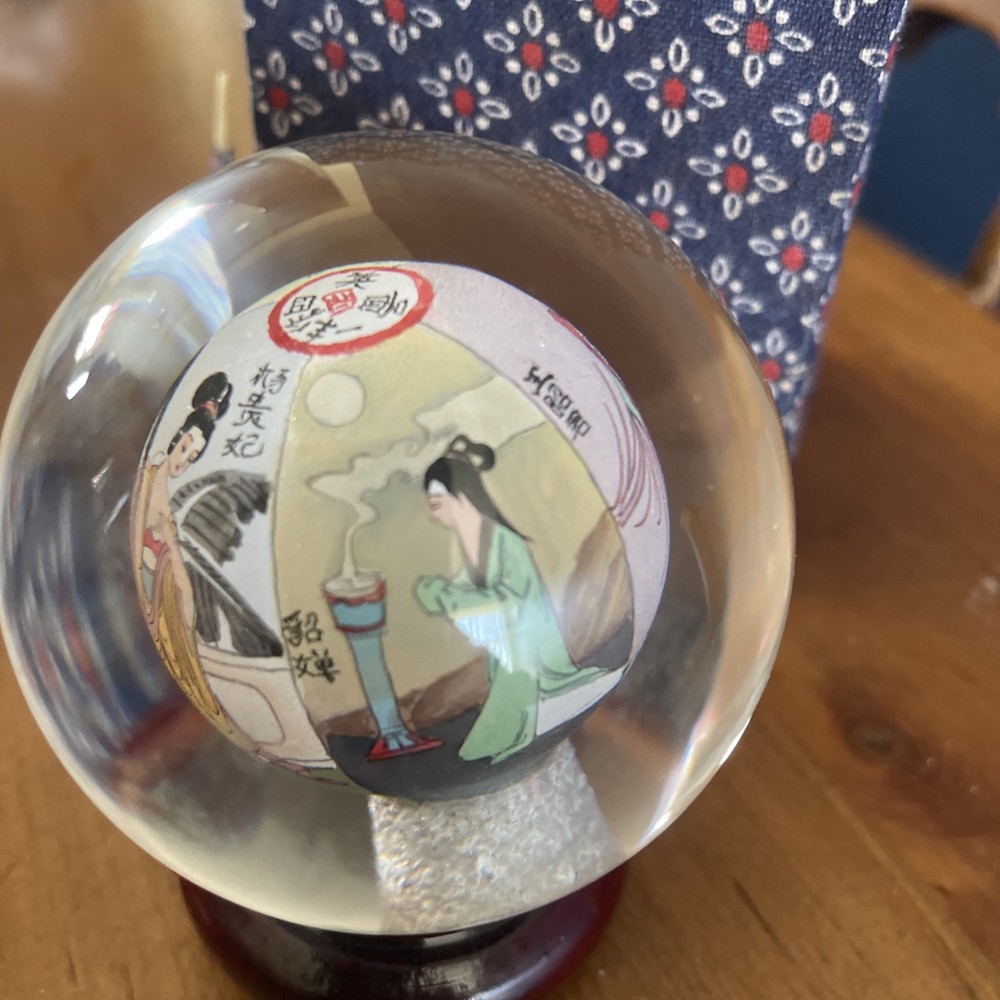 Chinese Reverse Painted Rotating Crystal Ball on base