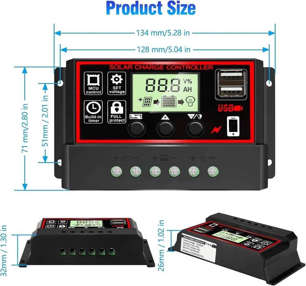 30A PWM Solar Charge Controller with Dual USB & LCD Display - Efficient Energ...