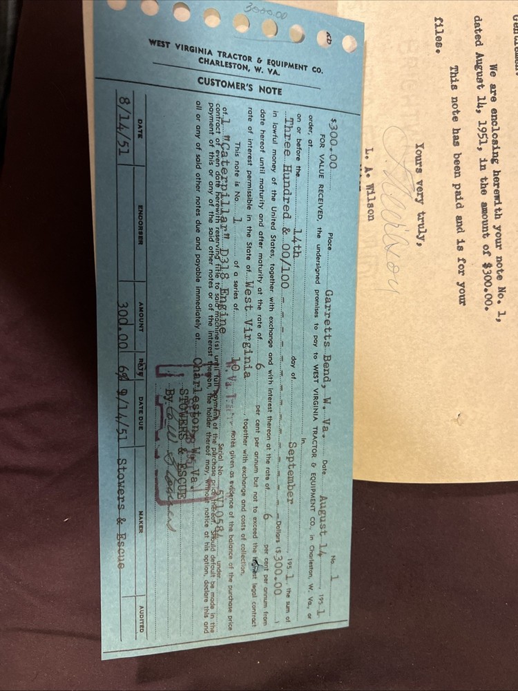 Historic Caterpillar D318 Engine Receipt September 1951