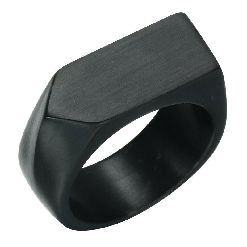 Men's Black Steel Flat Triangular Signet Ring Customizable 0466
