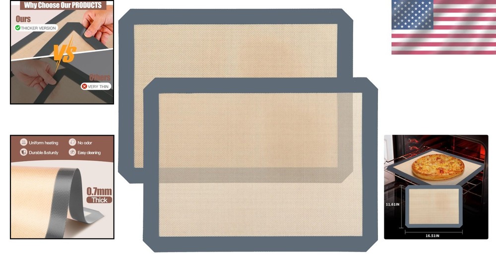 0.7mm Thick Silicone Baking Mats - Non-Slip & Multi-Purpose (2 Pack)