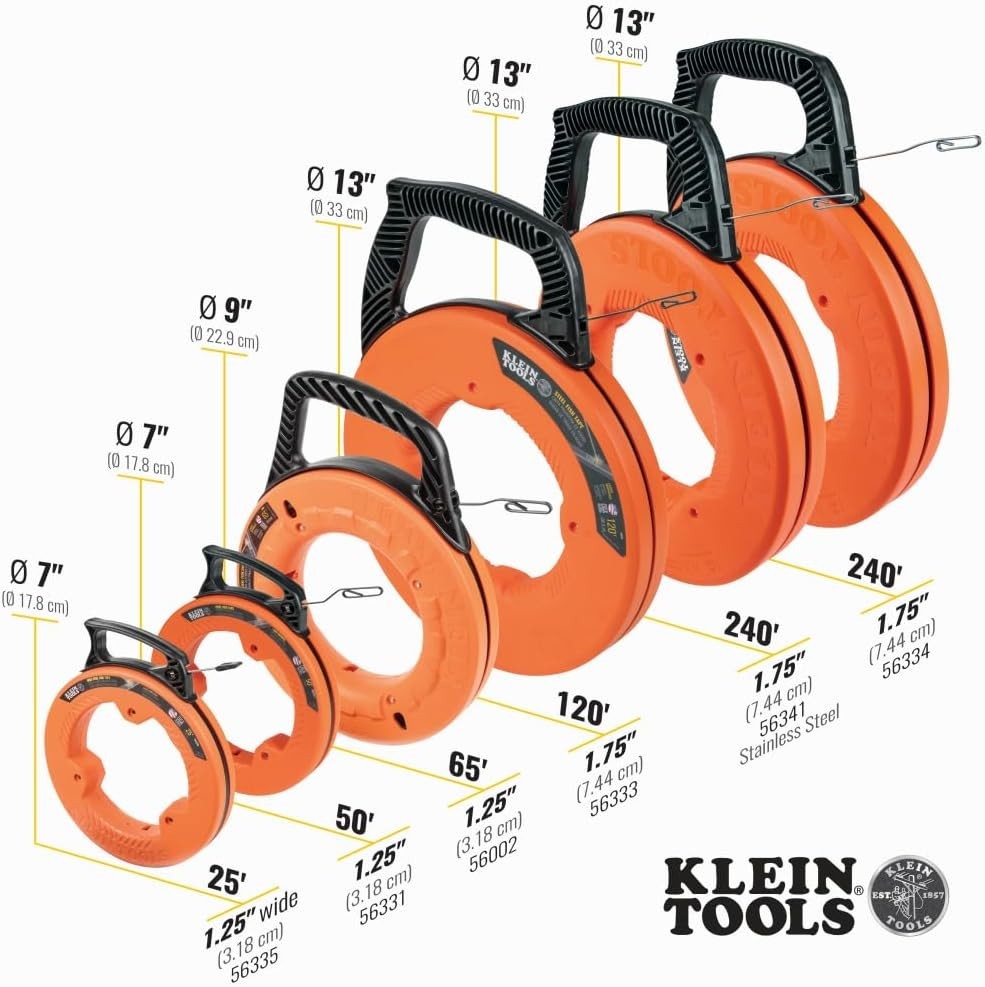 50-Foot Klein Tools Steel Fish Tape - Precision Wire Puller with Double Loop