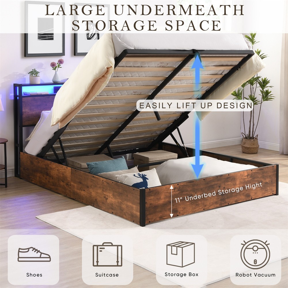 Full/Queen Size Bed Frame Wood Platform Bed Frame with Storage & LED Lights