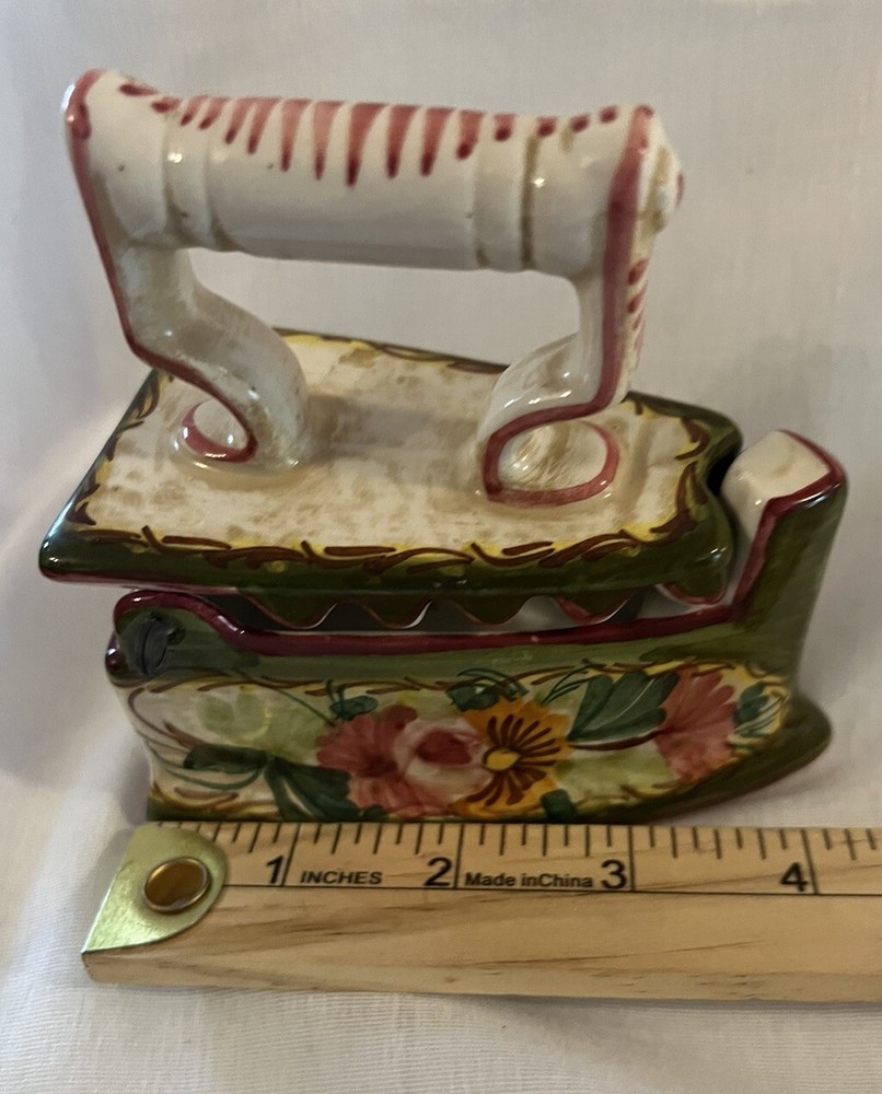 Ceramic Sad Iron Hand Painted Sewing Thread Box Very Good Condition!