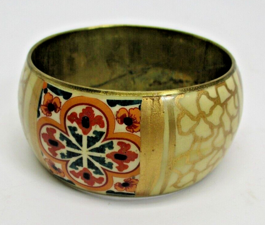 Wide 1⅜" brass bangle - metal with Patterned flower & colors