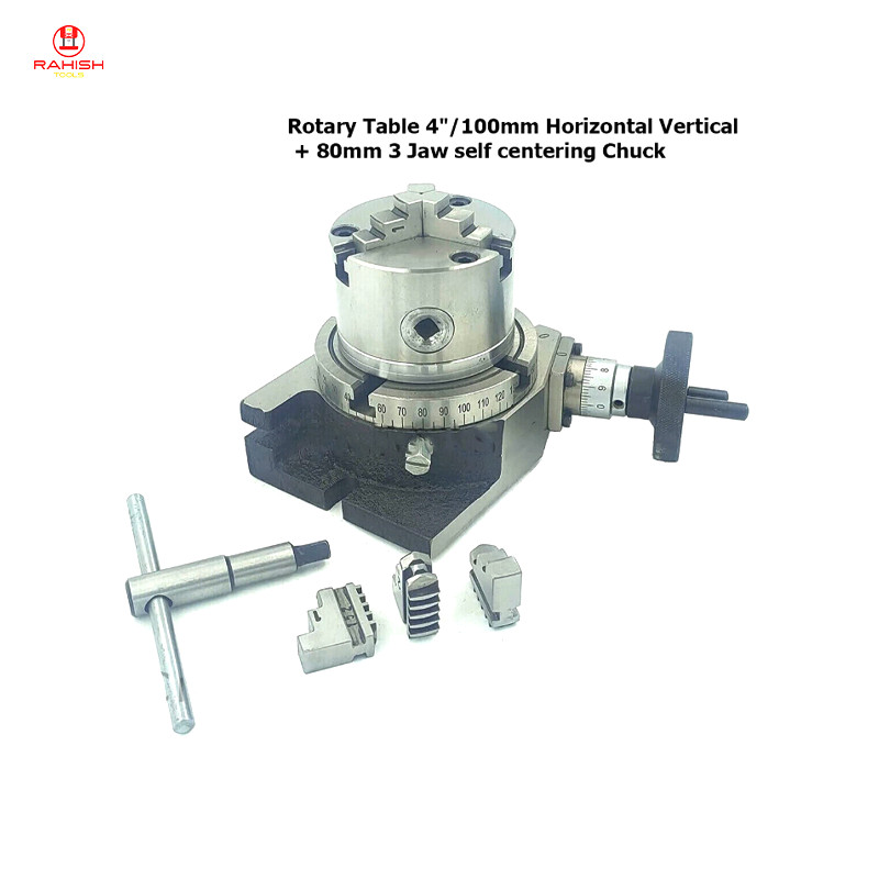 Rotary Table Horizontal & Vertical 100mm /4" + 80mm 3 Jaws Self centering Chuck