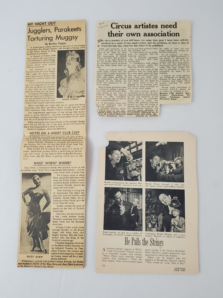 Circus Puppets Ventriloquists Newspaper Articles & Related Material