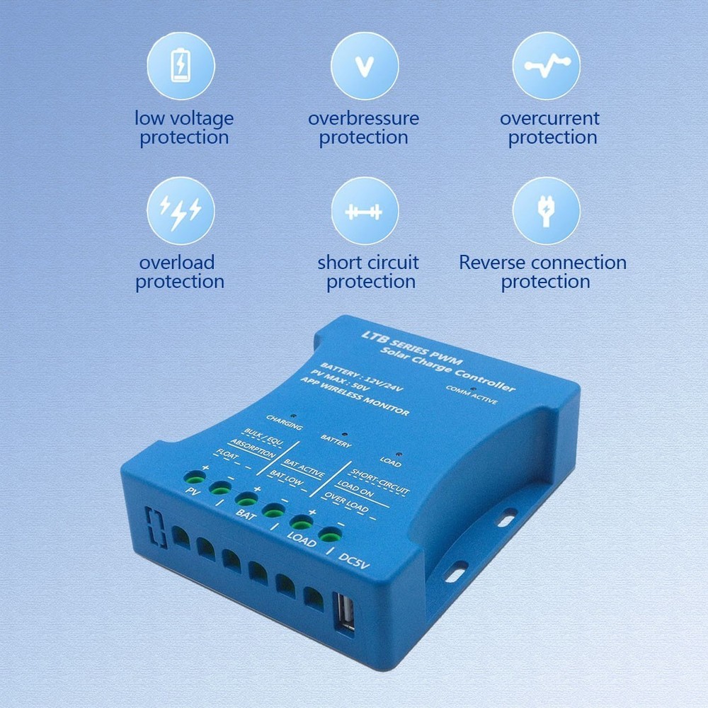 20A 12V/24V Solar Controller Bluetooth PV Max 50V Panel Battery Regulator