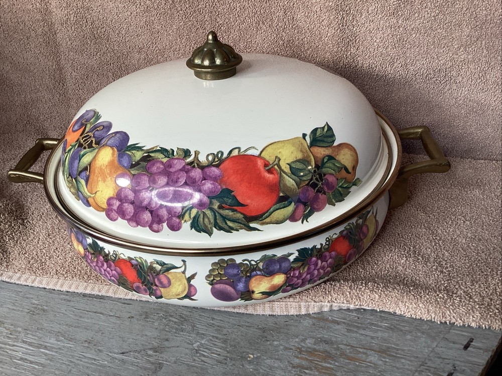 Cornucopia Lidded Serving Dish w/saucepan handles fruit pattern vintage