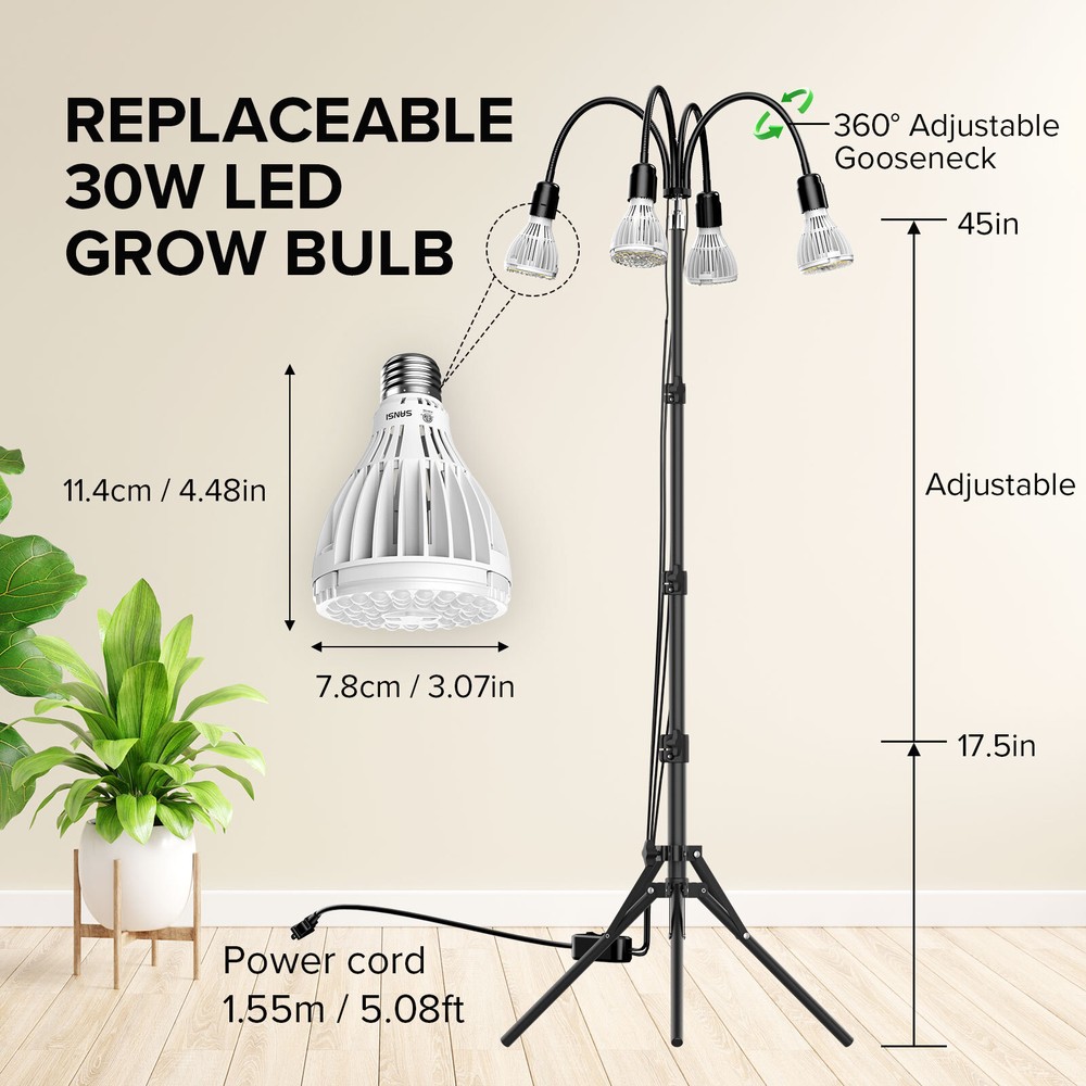 LED Grow Light with Adjustable Tripod Stand Full Spectrum with Replaceable Bulbs