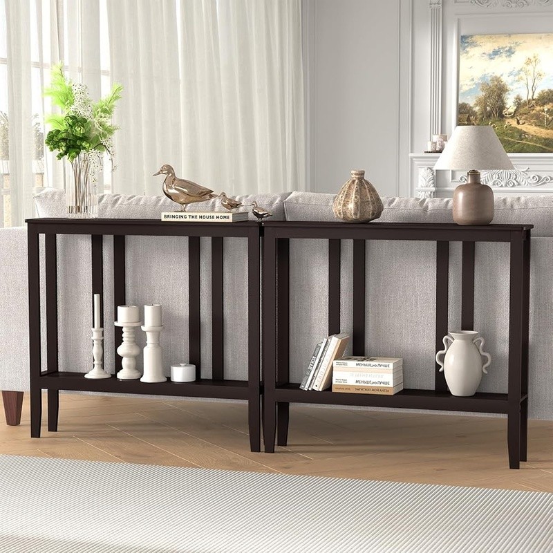 Compact Bamboo Hallway Table 2-Tier Storage Console Entryway Space Saver New