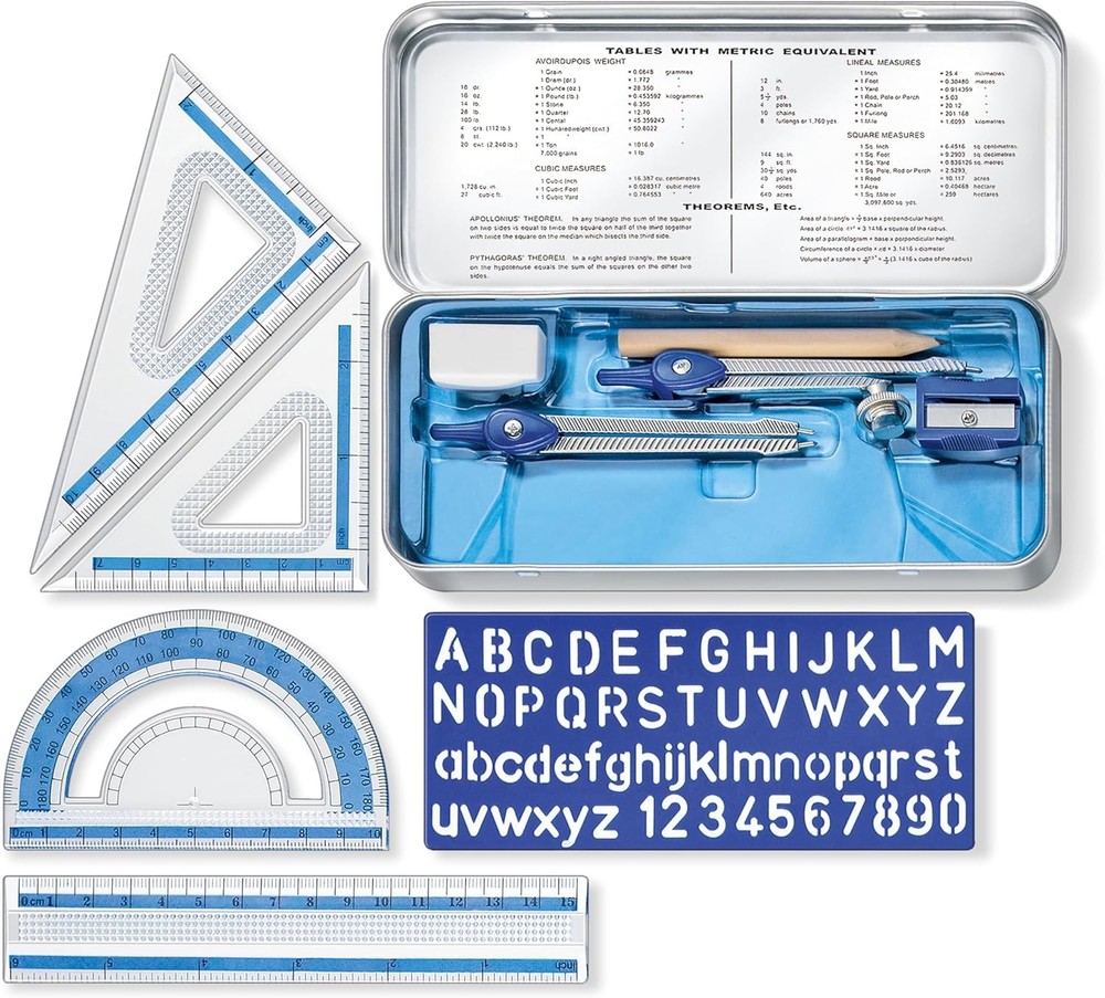 STAEDTLER 10-Piece Math Set Metal Compass 6" Ruler Triangle Alphabet Stencil