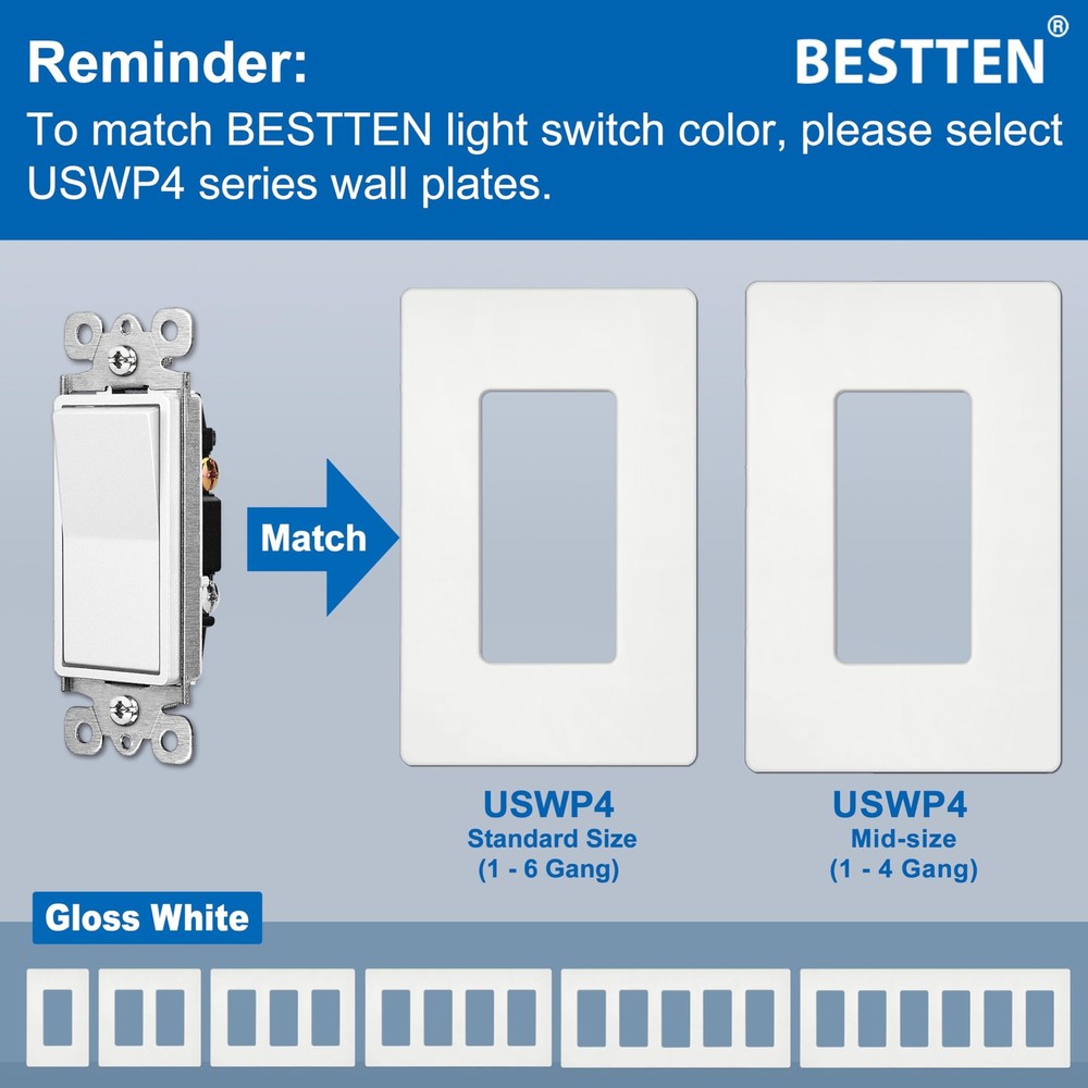 10 Pack 3Way Decorator Light Switch, 15A 120/277V, Single Pole or Three Way, ...