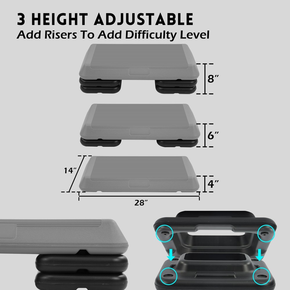 Fitvids Step Aerobic Platform,Gray,Exercise Step with 5 Levels Adjustable Height