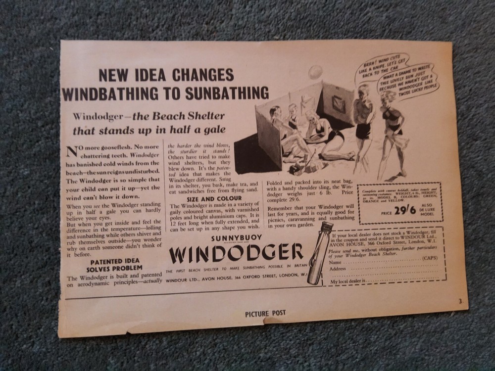 F1z  Ephemera 1939 Advert Windodger Beach Shelter