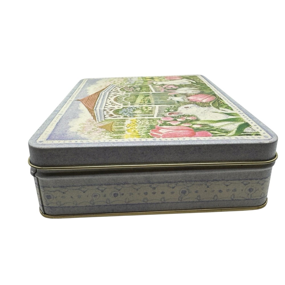 Spring Easter Bunny Rabbits Tulips Pastel Rocky Mountain Chocolate Tin-empty