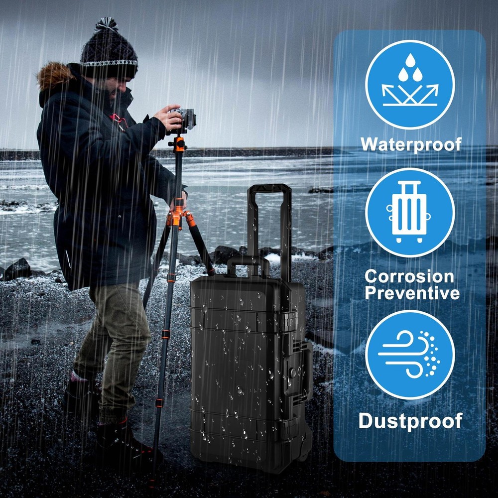 2.5cu Waterproof Rolling Protective Case,Hard Compact Camera Case W/Handle Wheel