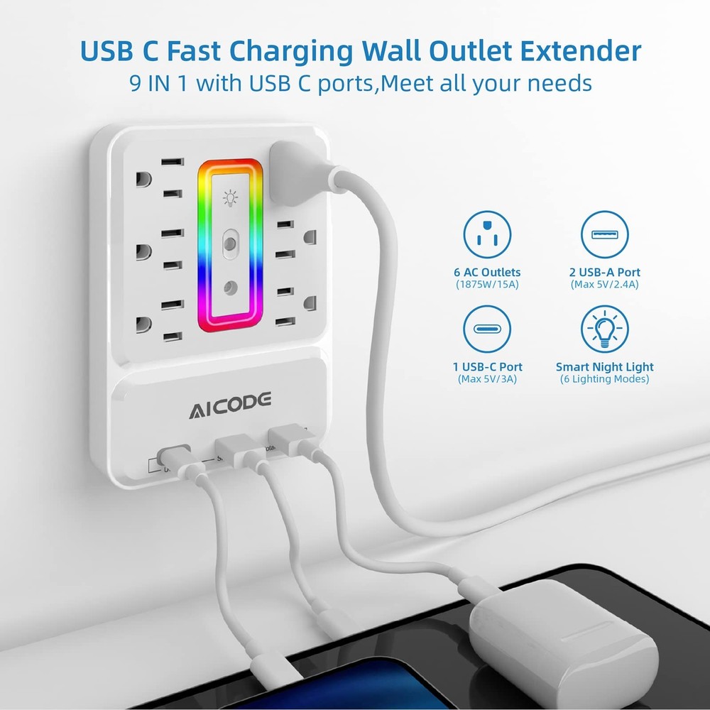 Outlet Extender with USB C, AICODE Multi Outlet Surge Protector with Nightlig...