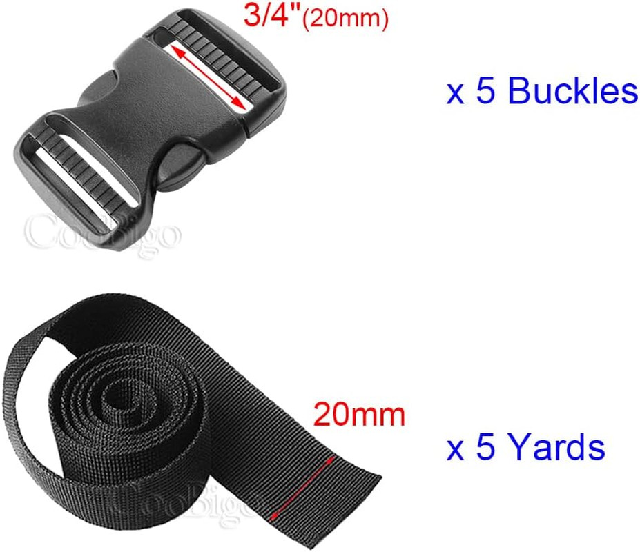 5 Pack 3/4" Side Release Buckle Dual Adjustable 5 Yards 3/4" PP Strap Webbing Ou