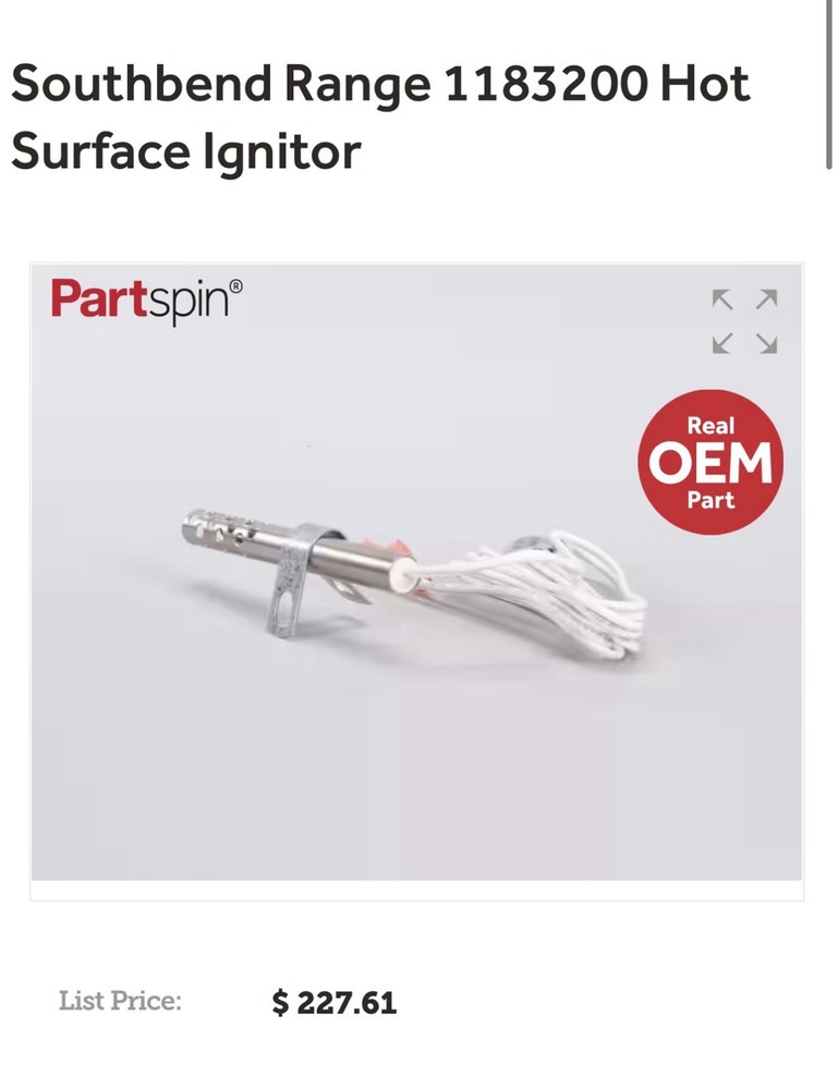 Southbend Range Hot Surface Ignitor 1183200. New.