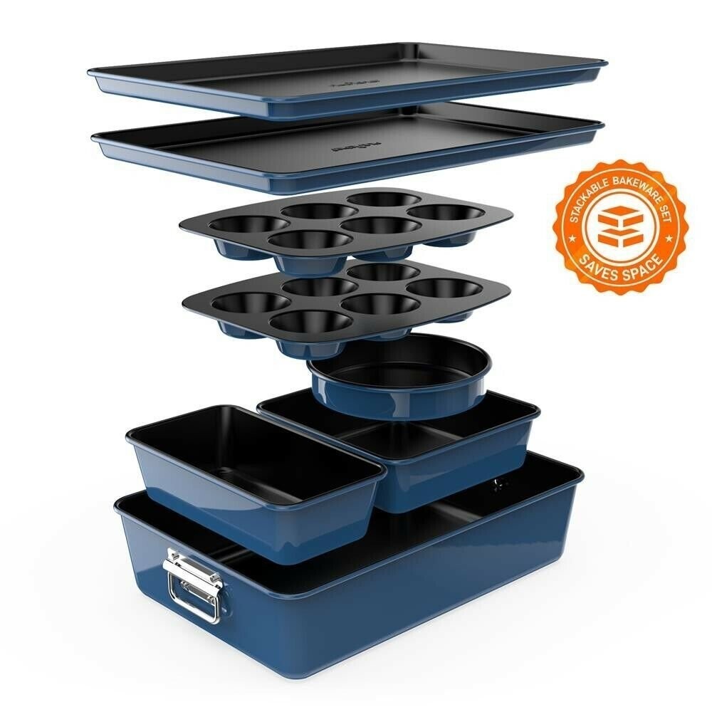 Nutrichef 8pcs. Stackable Carbon Steel Bakeware Sets - Non-Stick Coating (Blue)