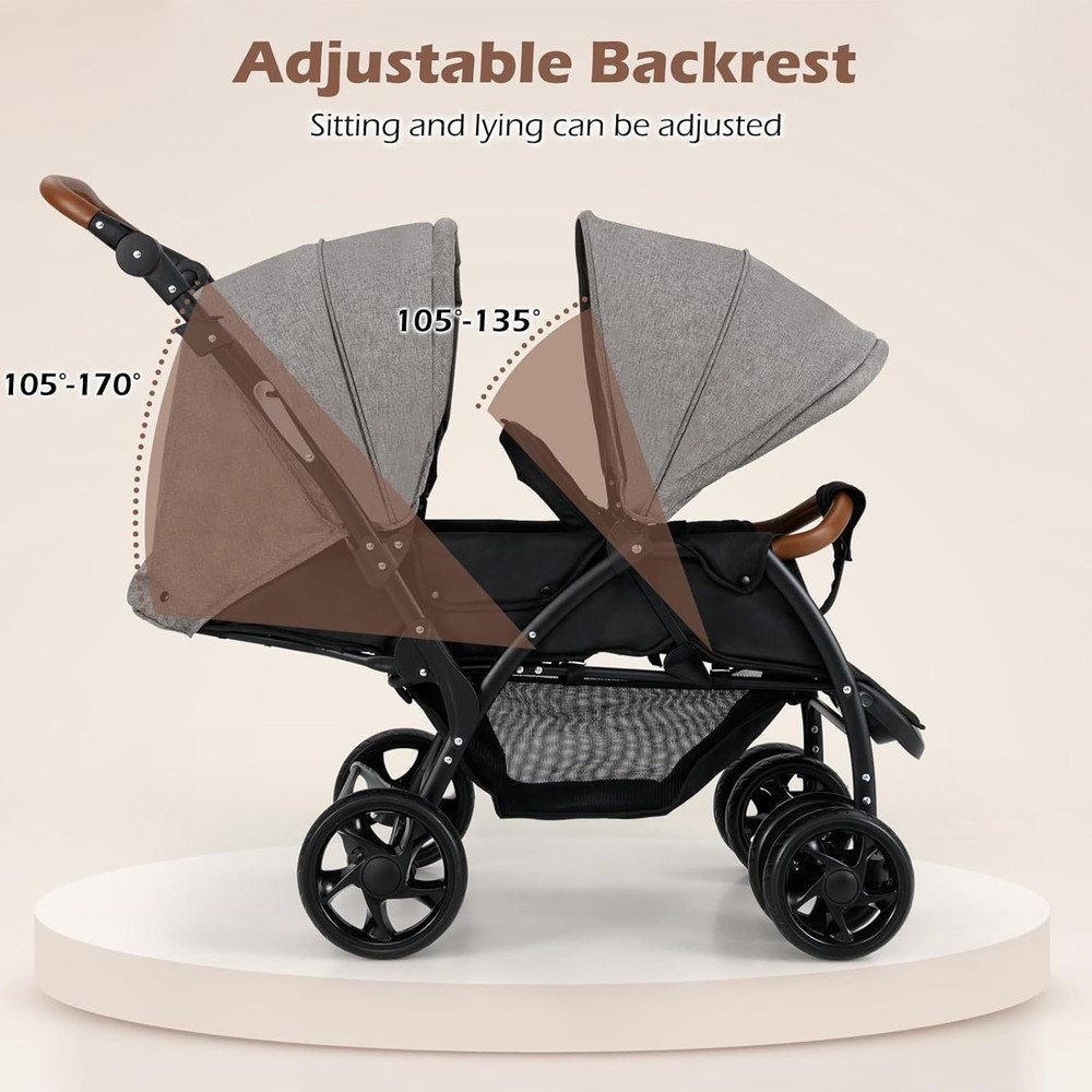 Compact Double Stroller with Adjustable Canopy, Harness & Storage Basket