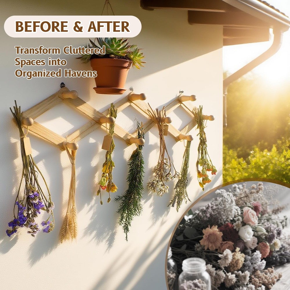 Rustic Adjustable Hanging Herb Drying Rack-Holds 10 Bouquets Space-Saving Her...