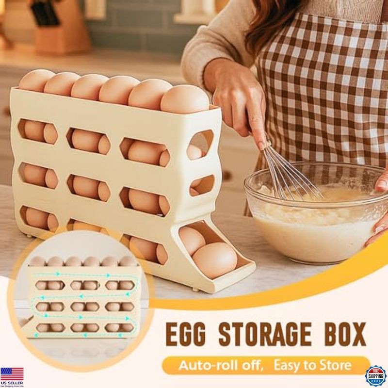 4-Tier Automatic Rolling Egg Holder - White Organizer for 30 Eggs - Kitchen