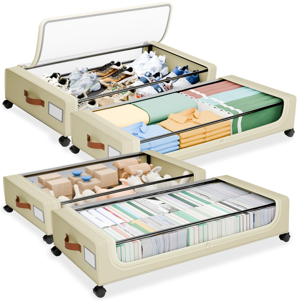4-Pack Under Bed Storage Box with Wheels - Square Underbed Organizer