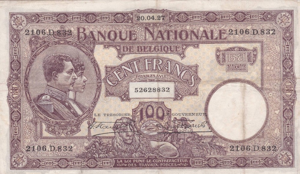 i-011063 Belgium 100 Francs 1927 VF+