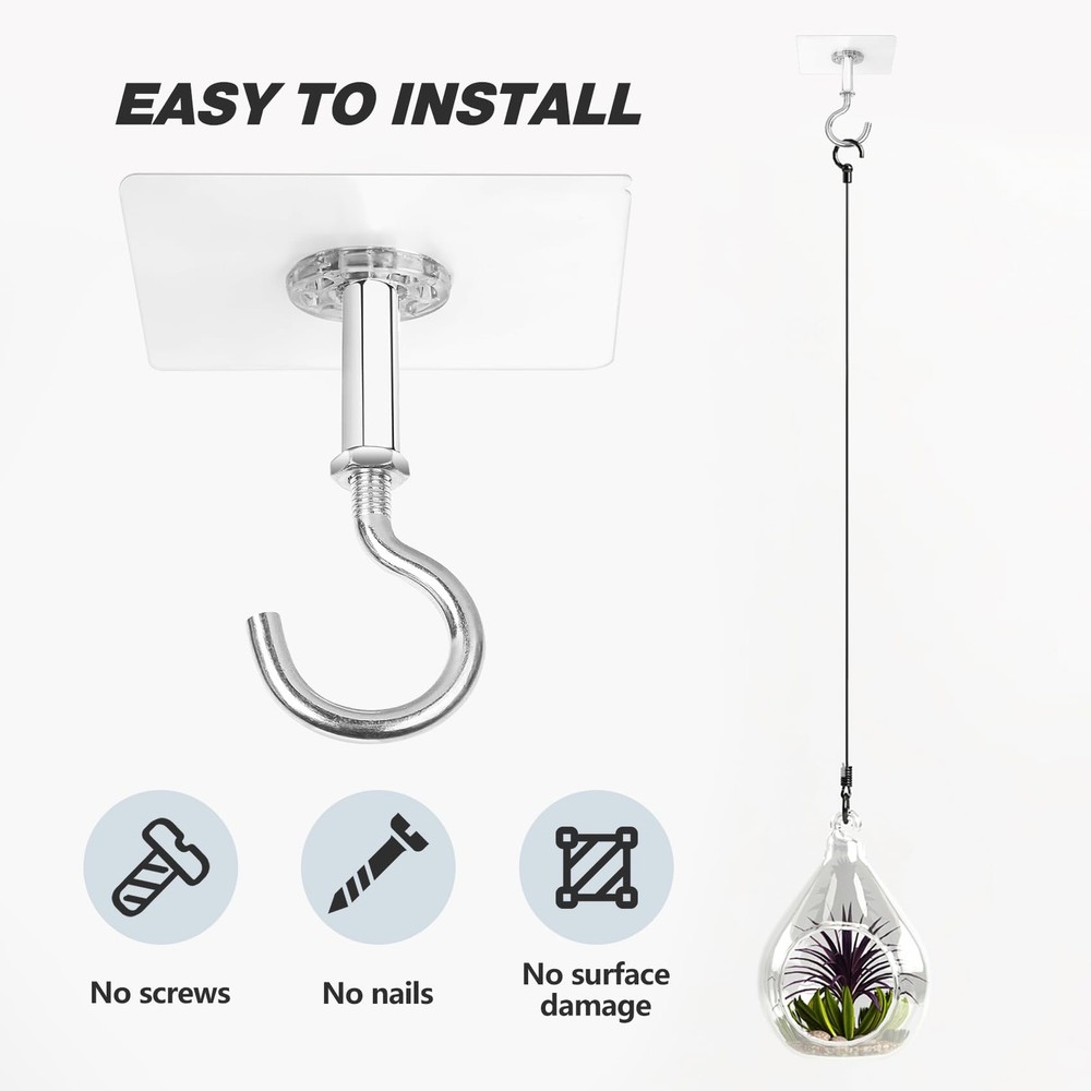 2 Pack Ceiling Hook for Hanging Plants, Adhesive Ceiling Hooks Heavy Duty Hol...