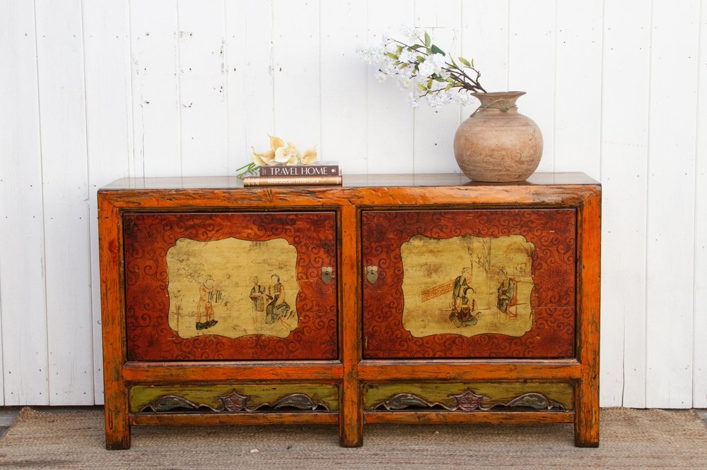 Jasper Orange Painted Mongolian Sideboard