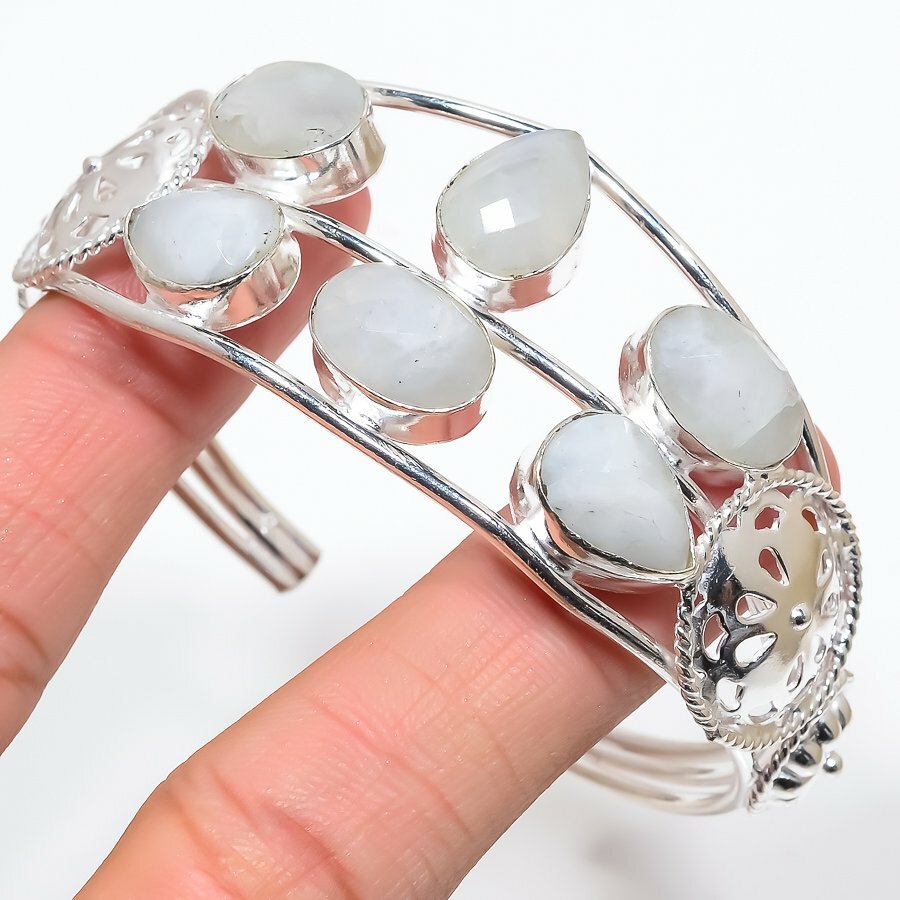 Rainbow Moonstone Gemstone Handmade 925 Sterling Silver Jewelry Bangle Size 7-8