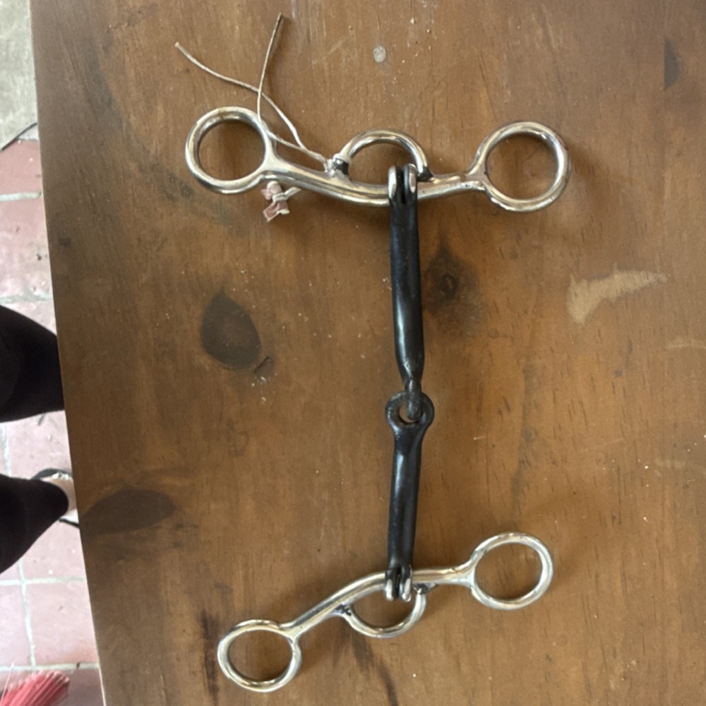 Western Snaffle Horse Bit with Shanks, Black Mouthpiece, Silver Hardware