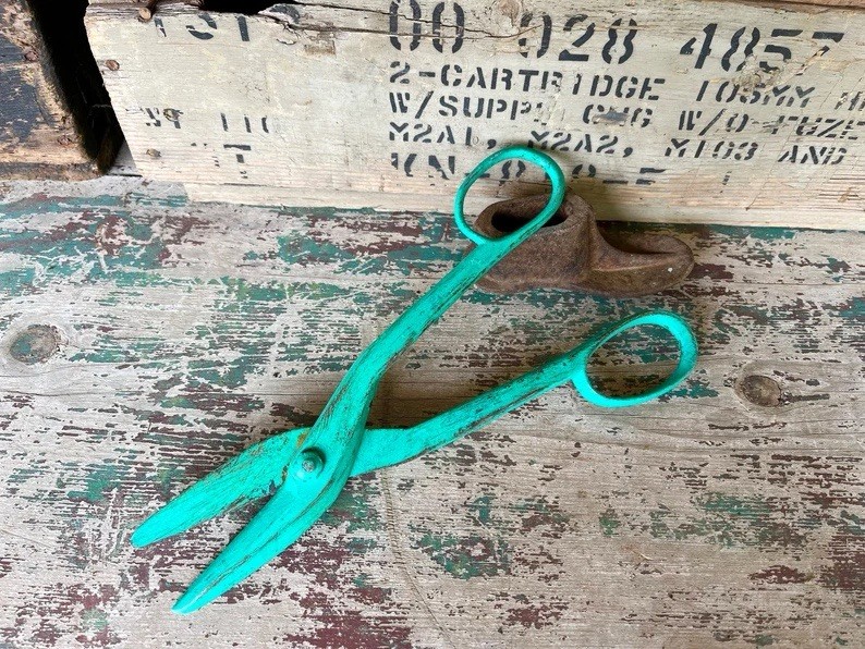 Hand Painted & Distressed Turquoise Green Decorative Metal Scissors Snips 12” L