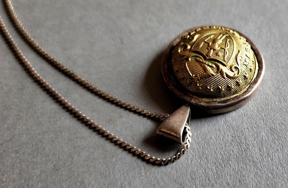 19th C. Massachusetts State Seal Button, Sterling Silver Pendant, Chain, Antique
