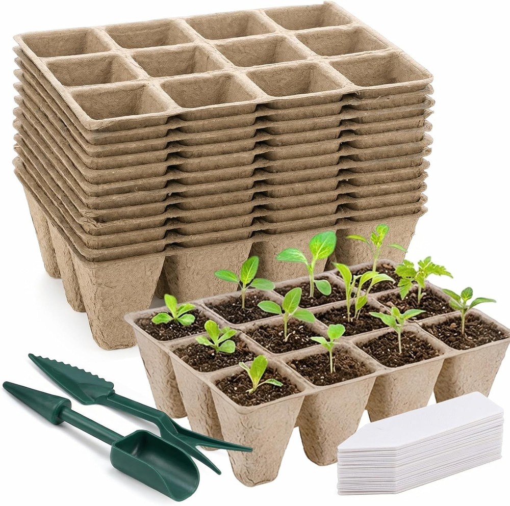 144 Cells Seed Starter Tray, 12 Pack Biodegradable Peat Pots, Plant Starter K...