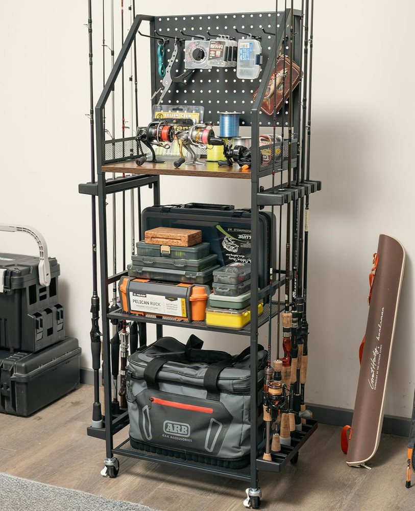 3-Tier Fishing Gear Storage Rack with Pegboard, Hooks & Locking Casters