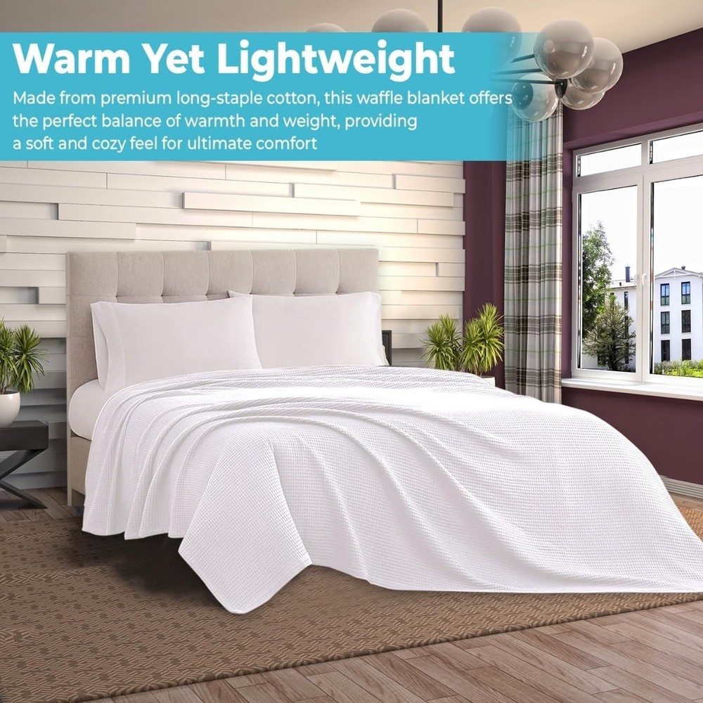 100% Cotton Waffle Weave Blanket - Queen Size Lightweight & Breathable