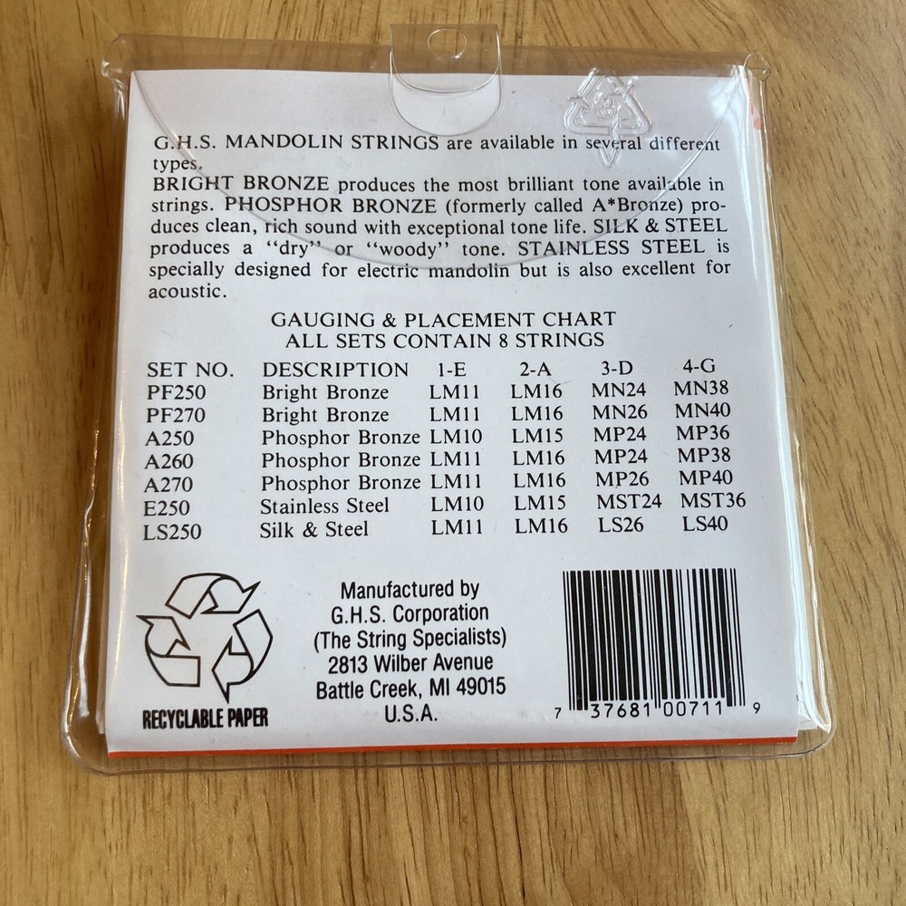 GHS Bright Bronze Mandolin Strings Medium Light PF250 Unopened