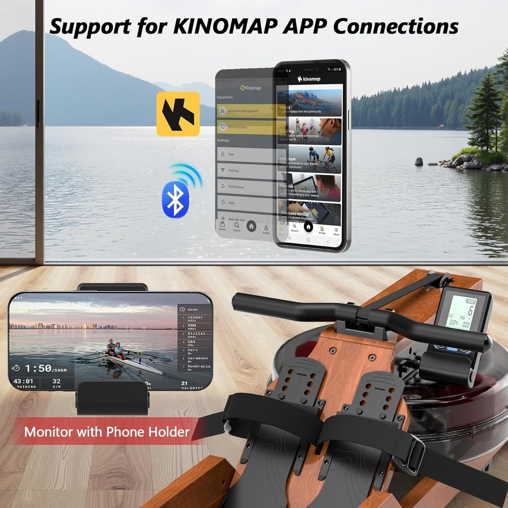 Water Rowing Machine for Home Use, WENOKER Wooden Foldable Rower Machine with De