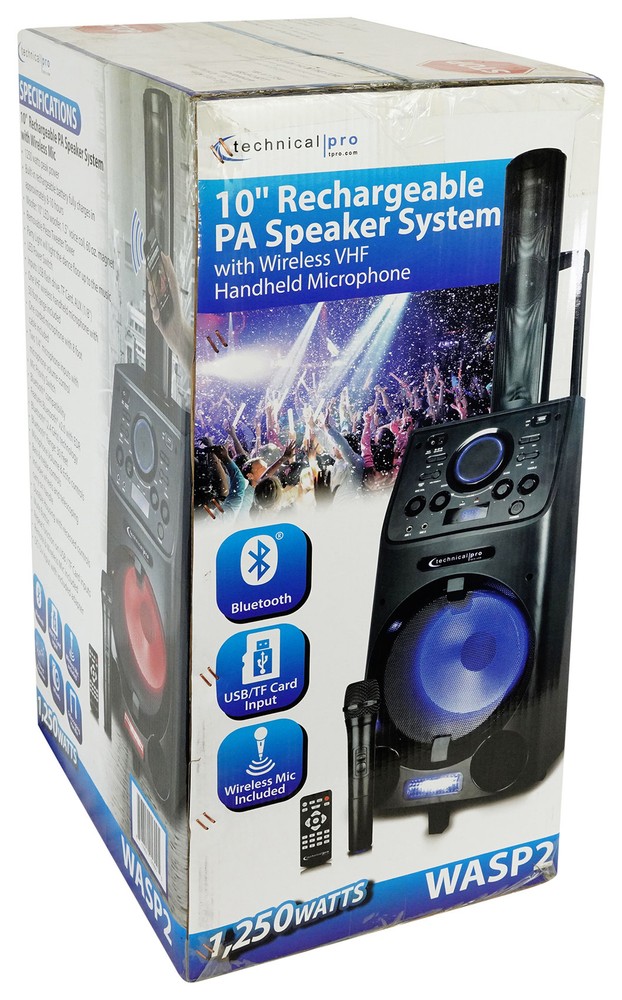 Technical Pro WASP2 10'' Portable Rechargeable LED Party Speaker+(2) Mics+Remote