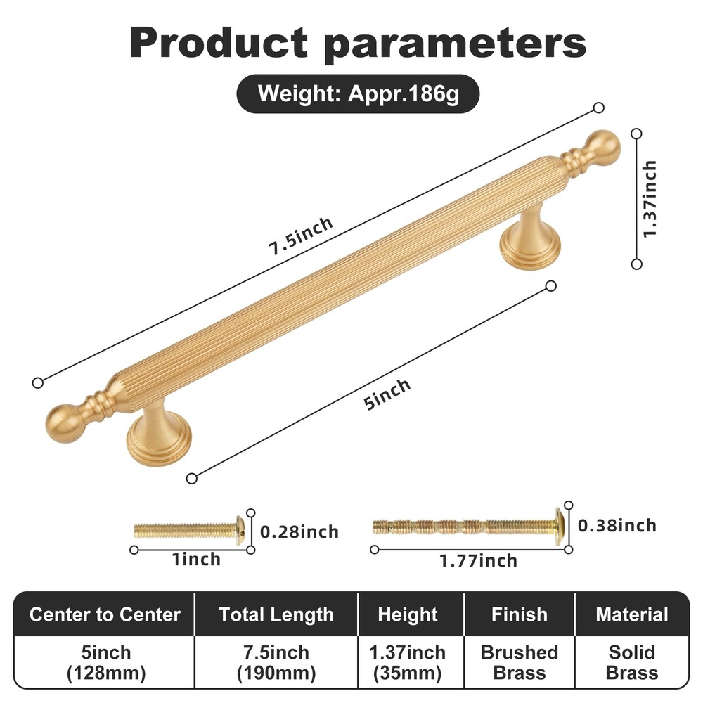 -5 Inch Brushed Gold Kitchen Cabinet Pulls 2 Pack Solid Brass Handles for Dre...