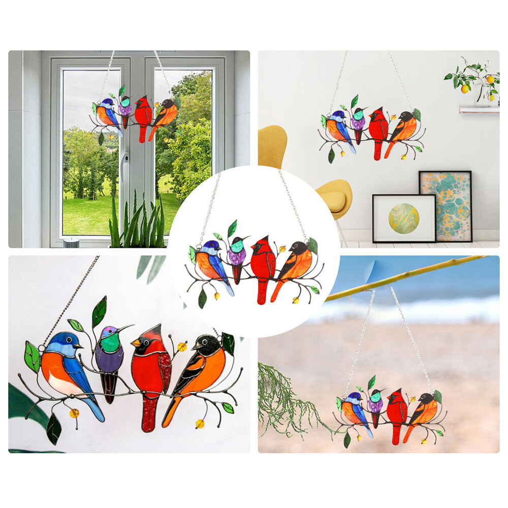 Multicolor Birds Suncatcher Stained Panel w/Chain for Glass Window Hanging Decor