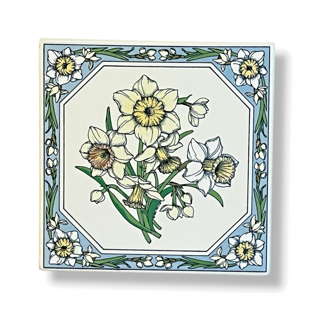 Santa Barbara Ceramic Design Tile Daffodils 8” Square Wall Hanging Vintage 1994