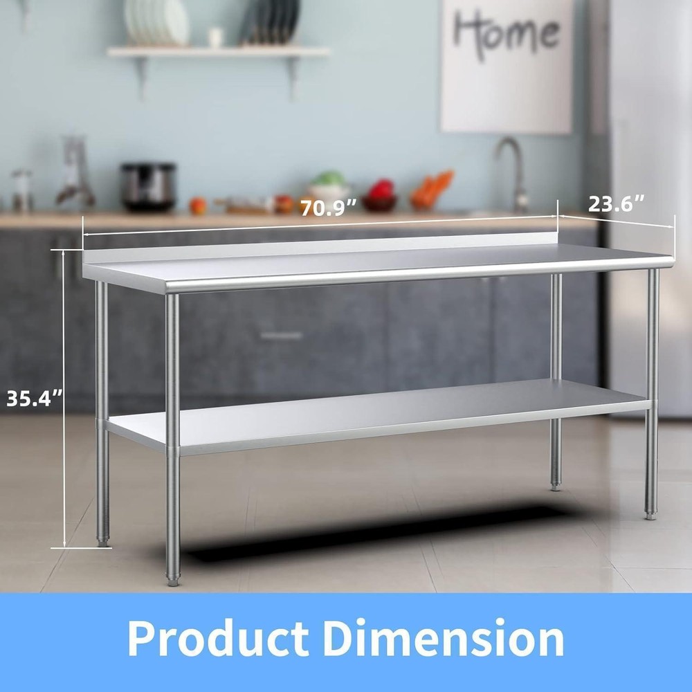 72"x24" Commercial Kitchen Prep Table Stainless Steel Workbench with Backsplash