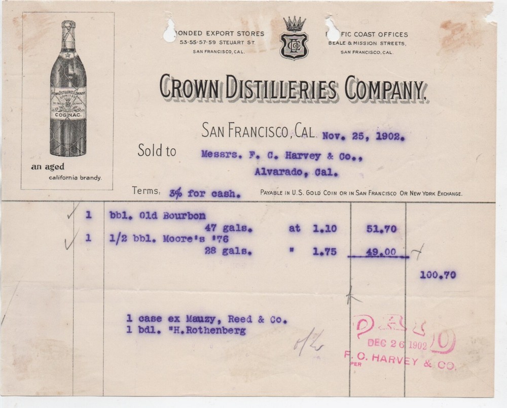 1902 Billhead Crown Distilleries Co San Francisco CA