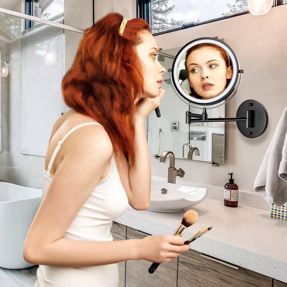 Rechargeable Wall Mounted Lighted Makeup Mirror, 8 Inch Double-Sided LED Vani...