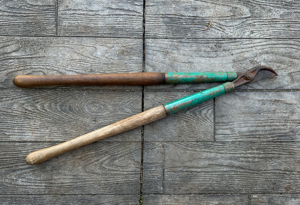 Vintage Teal Extra Long Handled Tree Lopper Shears Pruning Tool Metal Wood